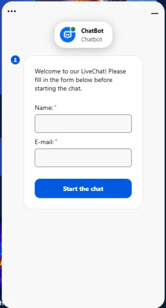 Livechat van Carlospin met een formulier voor naam en e-mailadres
